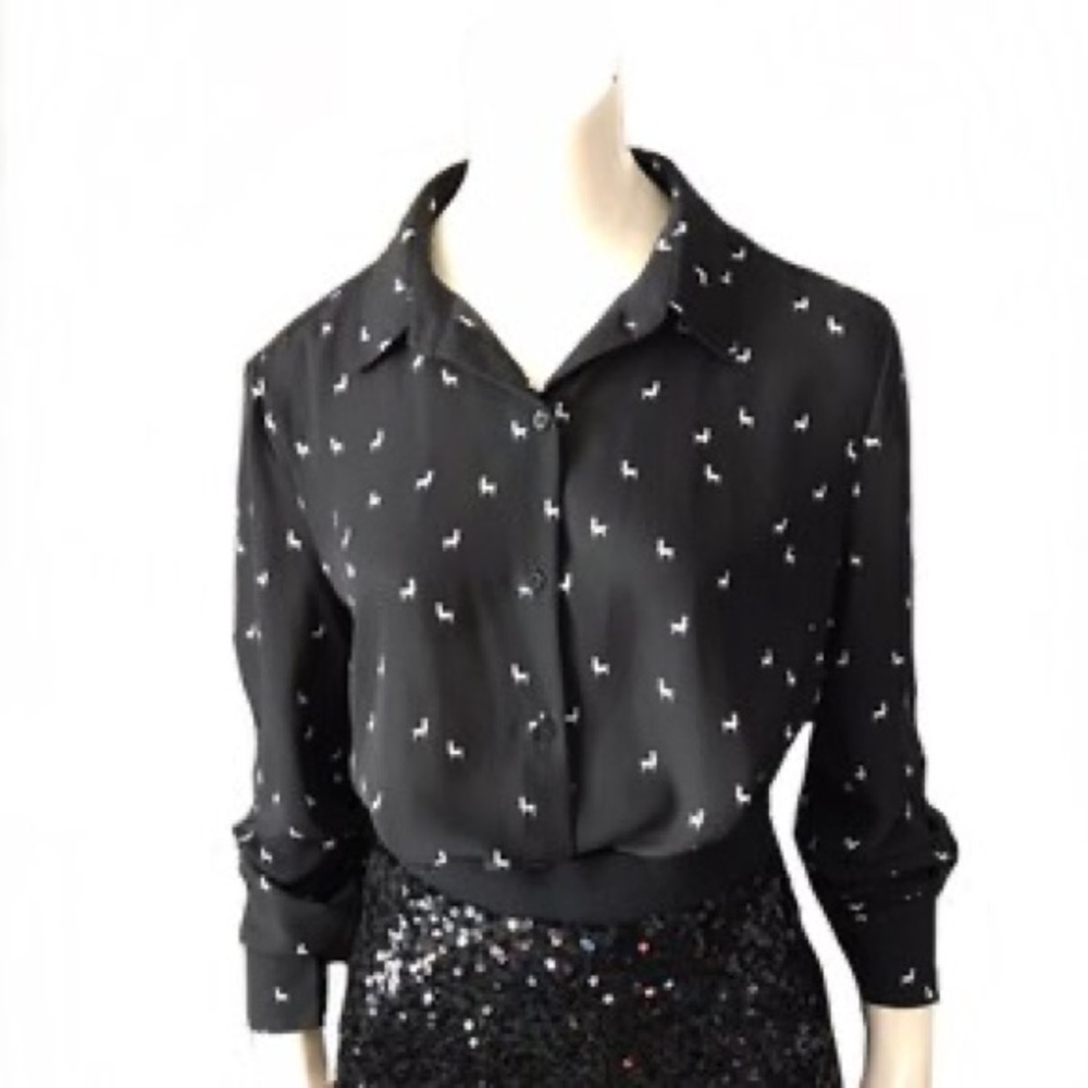 NEW Banana Republic Classic Black White Llama Print Long Sleeve Button Up Shirt